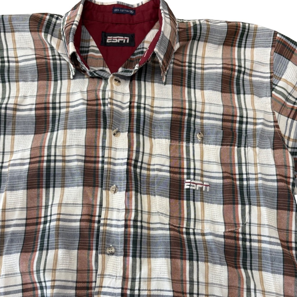 ESPN Vintage 90s Short Sleeve Button Down Shirt Mens XL Brown Plaid Tartan